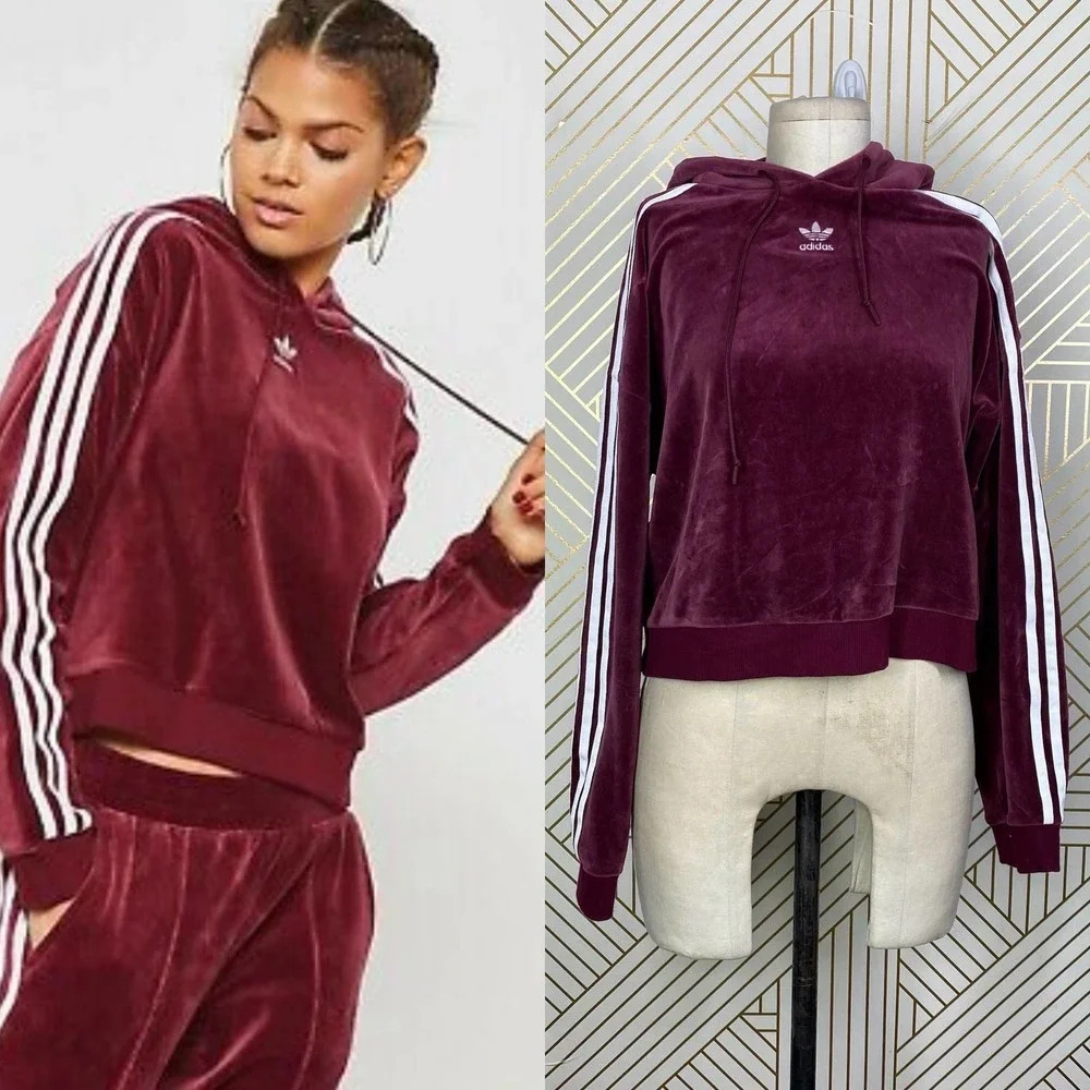 Adidas Originals Hoodie Sweatshirt Cropped Velour Purple Red Size US Small